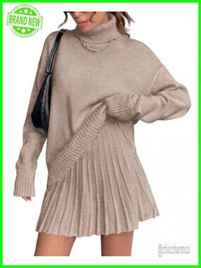 2 Piece Sweater Skirt Set Turtleneck Pullover Pleated Mini Skirt Women